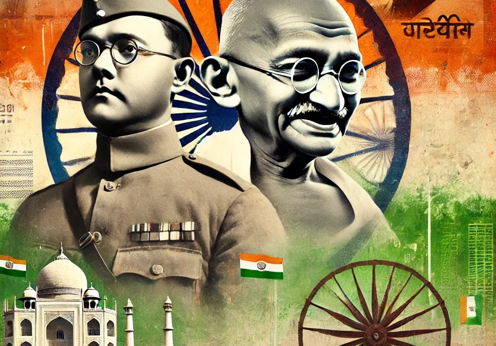 Subhash Chandra Bose, Mahatma Gandhi, Indian independence movement, military uniform, traditional dhoti, tricolor flag, spinning wheel