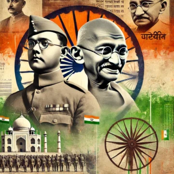 Subhash Chandra Bose, Mahatma Gandhi, Indian independence movement, military uniform, traditional dhoti, tricolor flag, spinning wheel