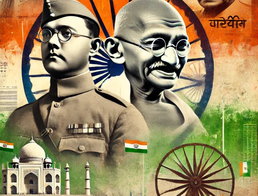 Subhash_Chandra_Bose_Vs_Mahatma_Gandhi Subhash Chandra Bose, Mahatma Gandhi, Indian independence movement, military uniform, traditional dhoti, tricolor flag, spinning wheel