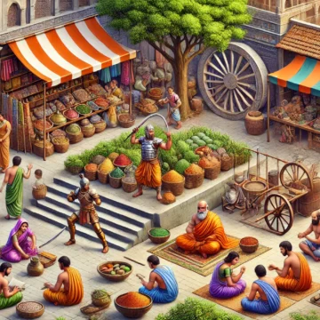 ancient India, marketplace, trader, warrior, teacher, service man, vibrant scene, traditional roles, cultural heritage, historical depiction, Caste Systems