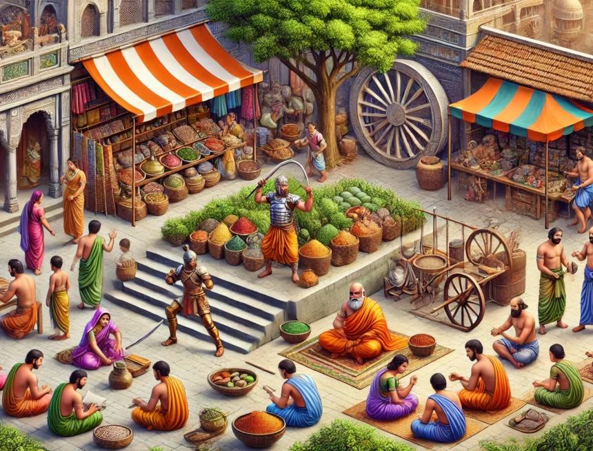 Vibrant_marketplace_scene_ancient_India_sections_representing_different_roles_a_trader_a_warrior_a_teacher_and_a_service man ancient India, marketplace, trader, warrior, teacher, service man, vibrant scene, traditional roles, cultural heritage, historical depiction, Caste Systems