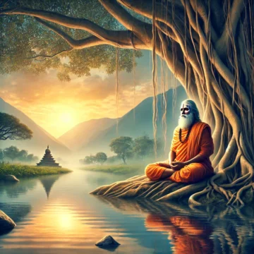 Embracing Enlightenment: A serene depiction of a guru meditating by the river under a banyan tree, as the first light of dawn over the Himalayas illuminates the timeless wisdom of Sanatan Dharma.