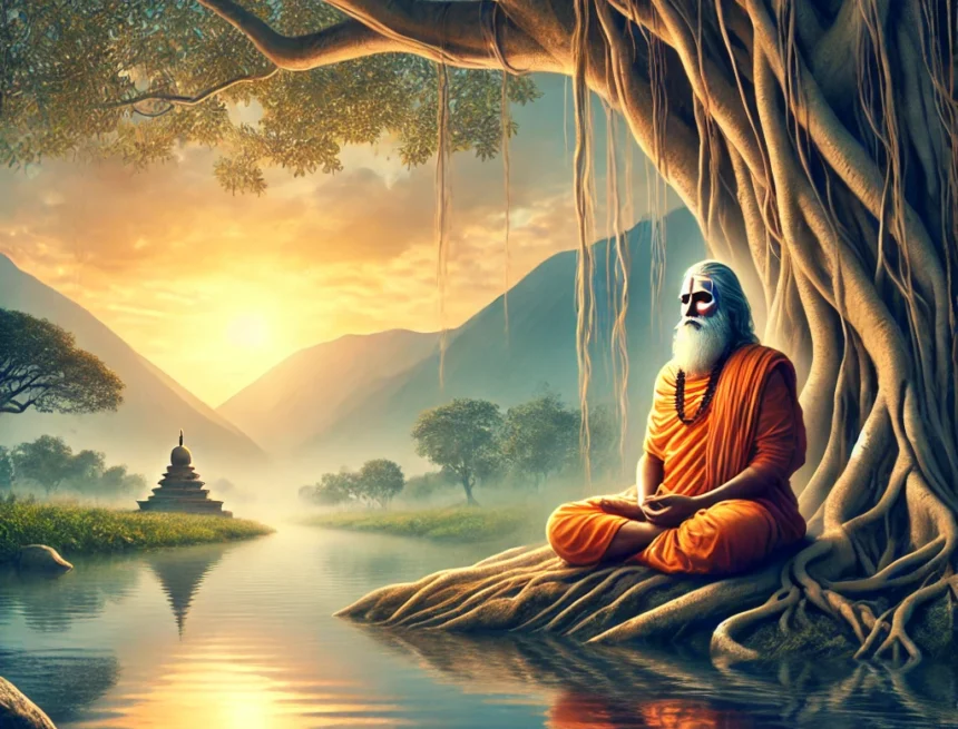 Embracing Enlightenment: A serene depiction of a guru meditating by the river under a banyan tree, as the first light of dawn over the Himalayas illuminates the timeless wisdom of Sanatan Dharma.