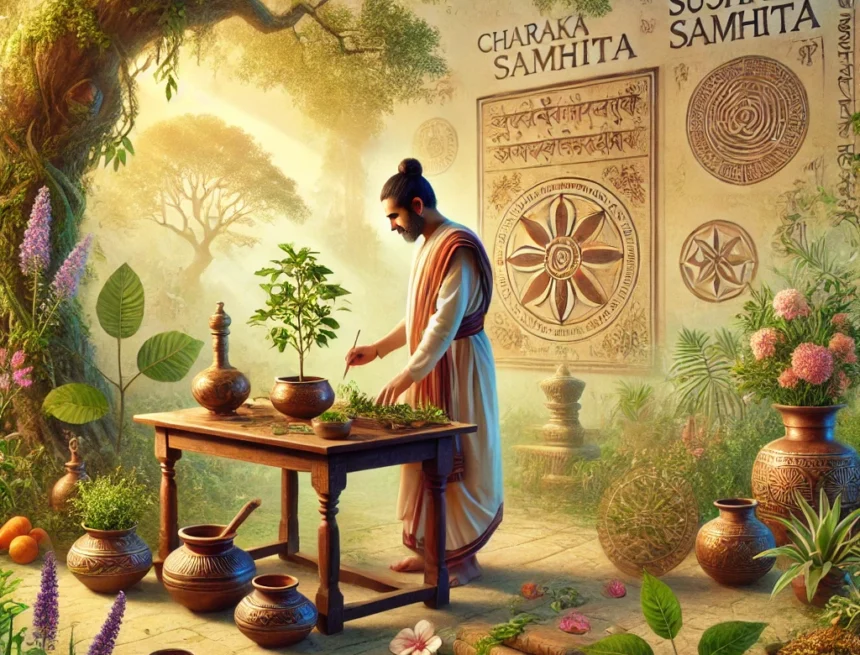 digital_image_representing_Vedic_Science_in_Medicine Ayurveda, Vedic Science, ancient Indian medicine, holistic healing, Charaka Samhita, Sushruta Samhita, traditional herbs, medicinal plants, Ayurvedic practitioner, Vedas, natural medicine, serene garden