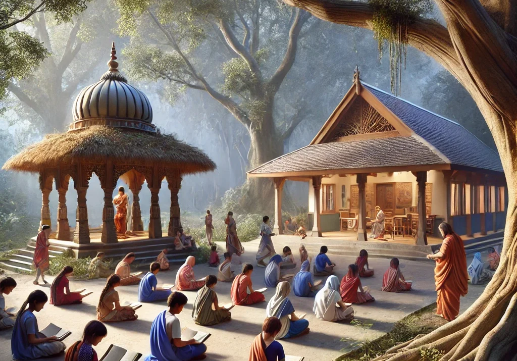 education, diversity, Hindu architecture, Abrahamic architecture, Gurukul, modern classroom, cultural heritage, student life, faith and learning, peaceful learning environment