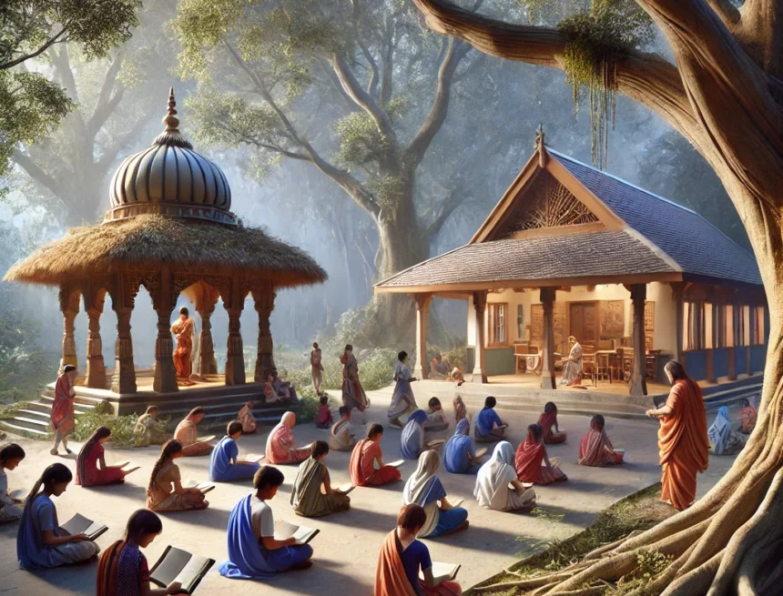education, diversity, Hindu architecture, Abrahamic architecture, Gurukul, modern classroom, cultural heritage, student life, faith and learning, peaceful learning environment