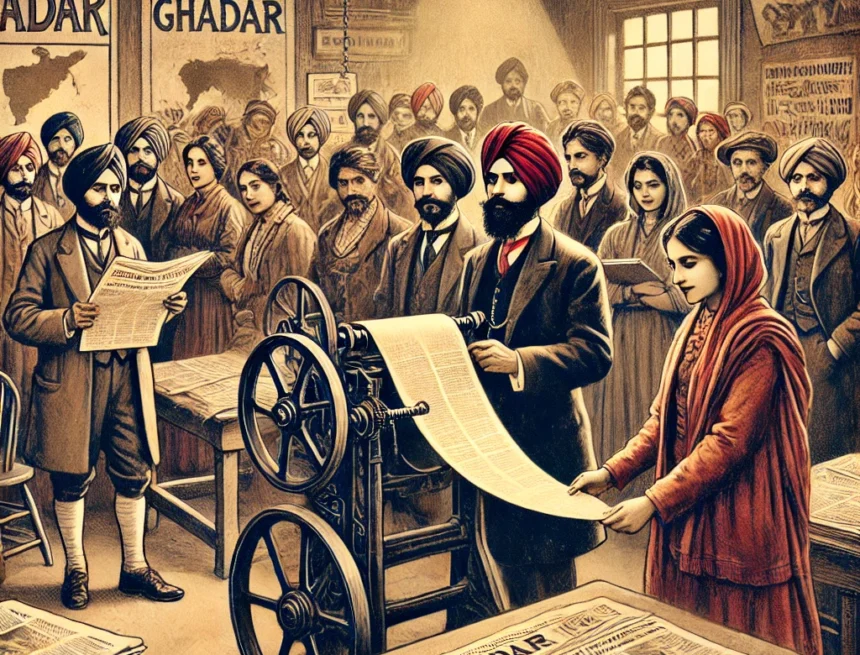 Ghadar Party, Indian Freedom Struggle, vintage illustration, expatriate Indians, printing press, revolutionary, 1913, San Francisco, Indian independence, unity, determination, historical