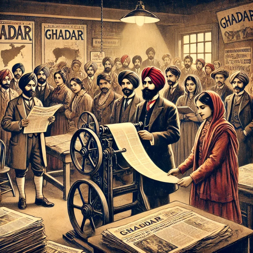 Ghadar Party, Indian Freedom Struggle, vintage illustration, expatriate Indians, printing press, revolutionary, 1913, San Francisco, Indian independence, unity, determination, historical