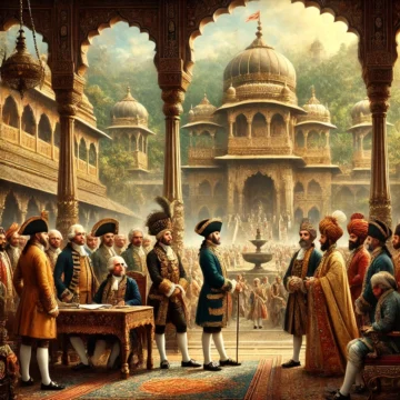 British East India Company, Indian rulers, 18th century Bharat, colonial negotiations, cultural dynamics, historical architecture, palace courtyard, traditional attire, power dynamics, British colonialism