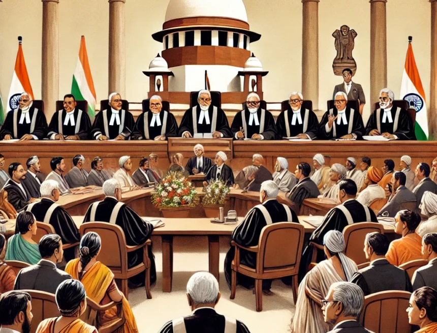 Courtroom_scene_discussing_reservation_policies_at_the_Supreme_Court_of_India Supreme Court of India, Indian courtroom, reservation policies, judges in robes, legal discussion, social equity, justice, national emblem, diverse communities, caste system