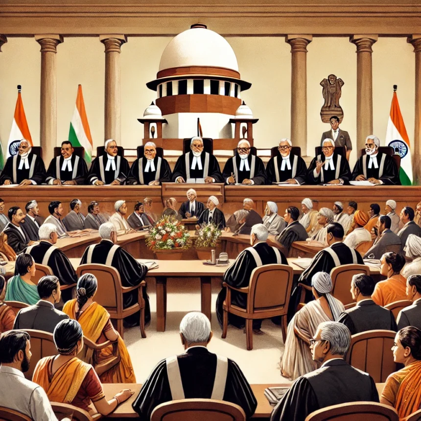 Supreme Court of India, Indian courtroom, reservation policies, judges in robes, legal discussion, social equity, justice, national emblem, diverse communities, caste system