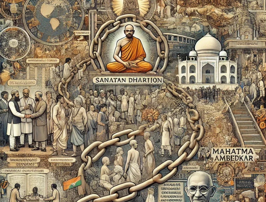 Sanatan Dharma, caste system, Mughal era, British colonial rule, Mahatma Gandhi, B.R. Ambedkar, ancient scriptures, modern society, social justice, inclusivity, digital illustration, historical influence, Sanatan Dharma and Caste Evolution