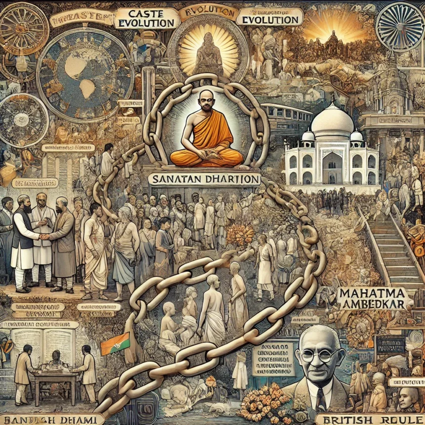 Sanatan Dharma, caste system, Mughal era, British colonial rule, Mahatma Gandhi, B.R. Ambedkar, ancient scriptures, modern society, social justice, inclusivity, digital illustration, historical influence, Sanatan Dharma and Caste Evolution