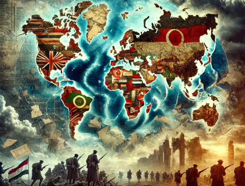 World War I, global impact, soldiers, empires collapsing, peace treaties, world map, transformation, historical illustration, military history, geopolitical changes