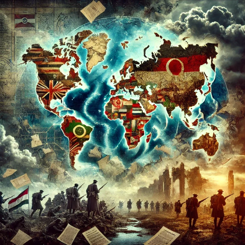 World War I, global impact, soldiers, empires collapsing, peace treaties, world map, transformation, historical illustration, military history, geopolitical changes