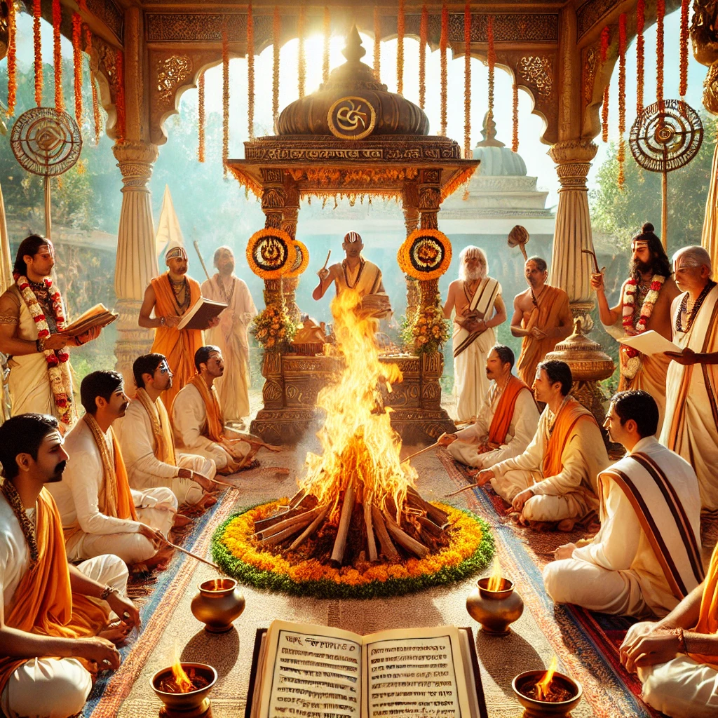 Vedic ritual, Yajna, priests, sacrificial fire, traditional Indian ceremony, sacred chants, fire altar, outdoor ceremony, spiritual, cultural heritage