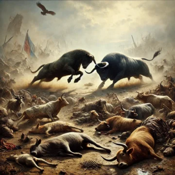 World War I, collateral damage, India, bulls fighting, animal metaphor, historical impact, unintended consequences, aggressive confrontation, symbolic imagery