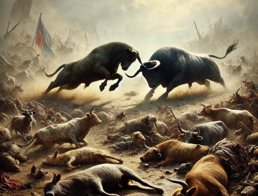 Image_reflecting_losses_suffered_by_Indians_during_the_European_conflict_of_World_War_I World War I, collateral damage, India, bulls fighting, animal metaphor, historical impact, unintended consequences, aggressive confrontation, symbolic imagery