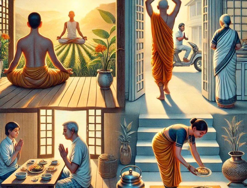 Vedic_teachings_with_individuals_engaging_in_various_activities_such_as_meditation_performing_Surya_Namaskar_and_making_food_offerings Vedic practices, meditation, Surya Namaskar, sun salutation, food offering, spiritual daily routines, yoga, Hindu rituals, peaceful setting, mindfulness