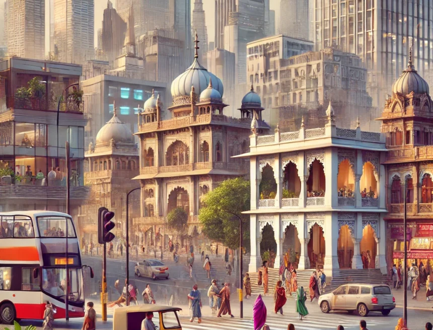 India, urban life, modern city, daily activities, high-rise buildings, bustling street, Hinduism and Social Dynamics