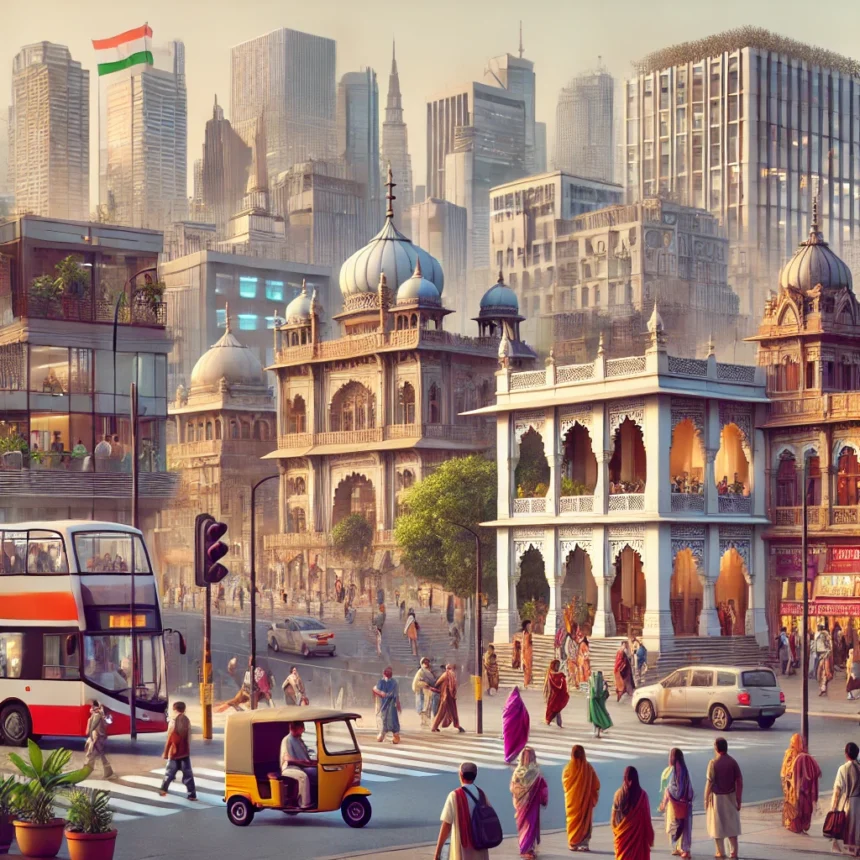 India, urban life, modern city, daily activities, high-rise buildings, bustling street, Hinduism and Social Dynamics