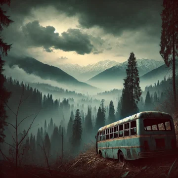 Kishtwar, Jammu and Kashmir, haunting landscape, abandoned bus, serene, somber, tragic event, dense forests, cloudy sky, mountains, Terrorist Attack