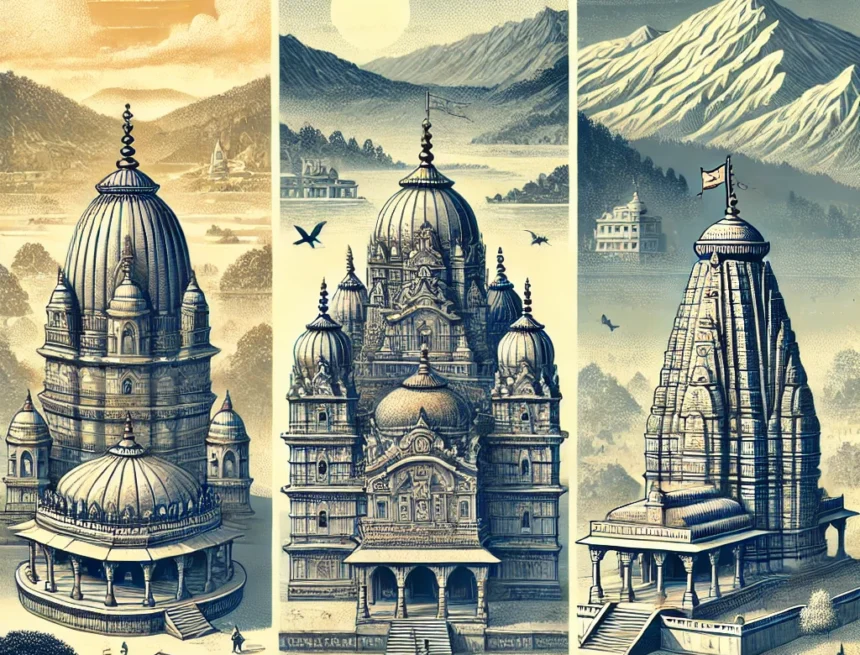distinct_architecture_and_spiritual_ambiance_of_Kamakhya_Temple_Kalighat_Kali_Temple_and_Vaishno_Devi_Temple Shakti Peeths, Kamakhya Temple, Kalighat Kali Temple, Vaishno Devi Temple, Hindu temples, Devi Sati, pilgrimage sites, divine feminine, Indian spirituality, sacred architecture