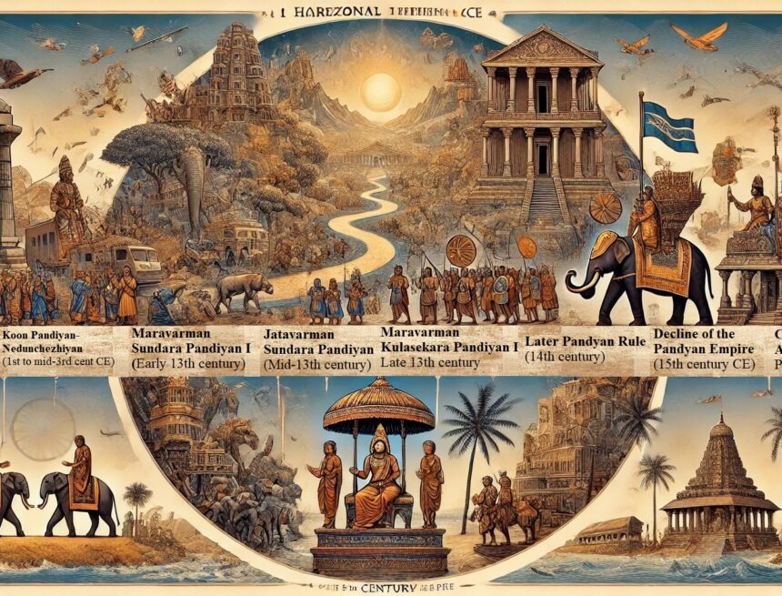 horizontal_timeline_major_achievements_of_Pandyan_Empire Pandyan Dynasty, South Indian history, ancient architecture, Tamil culture, historical timeline, Indian empires, cultural heritage, architectural legacy, ancient India, medieval India, Dharma and Ethics
