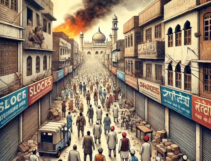 illustration_to_visually_complement_your_blog_post_about_the_communal_tensions_in_Haryana communal unrest, Haryana riots, urban decay, tense atmosphere, diverse communities, street scene, smoke background, closed shops, social conflict, urban tension