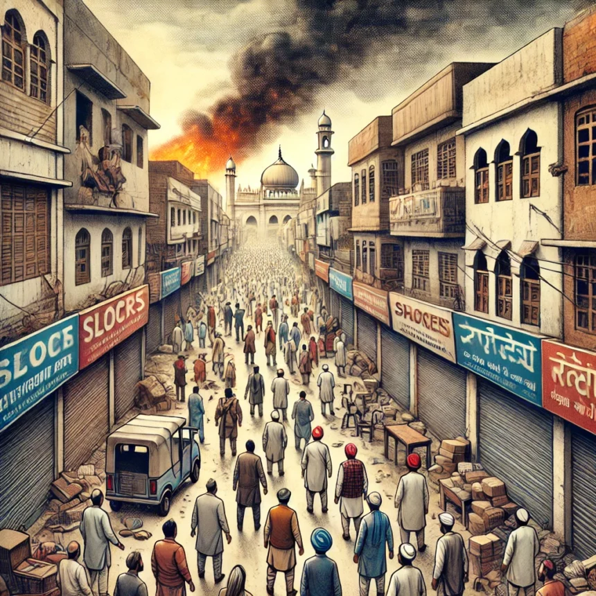 communal unrest, Haryana riots, urban decay, tense atmosphere, diverse communities, street scene, smoke background, closed shops, social conflict, urban tension