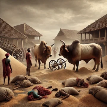 World War I aftermath, rural India, economic devastation, traditional attire, spilled grains, somber mood, traditional houses, wooden cart, exhausted bulls