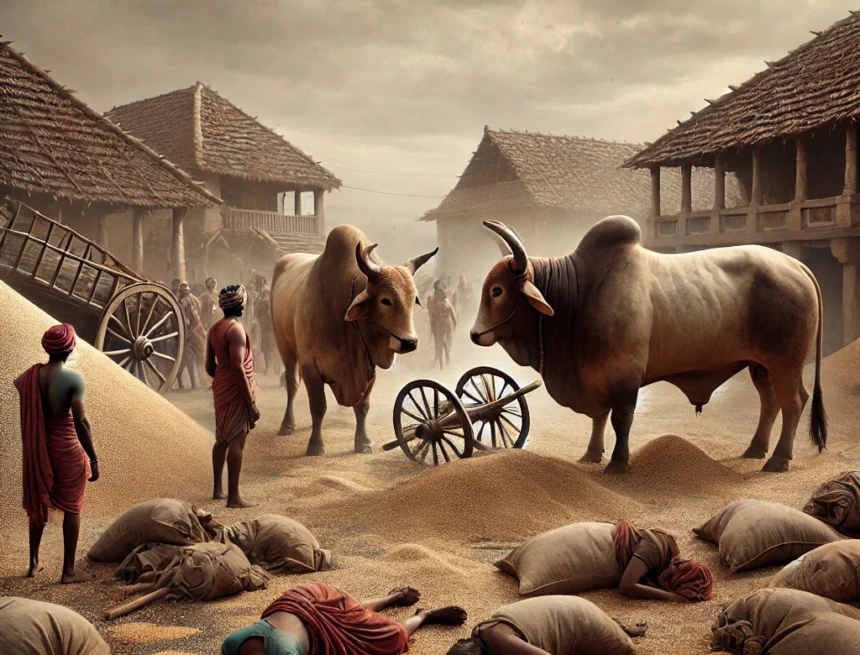 image_depicting_the_aftermath_of_the_bull_fight,_showing_the_bulls_amid_a_devastated_grain_storage_area_and_villagers_killed World War I aftermath, rural India, economic devastation, traditional attire, spilled grains, somber mood, traditional houses, wooden cart, exhausted bulls