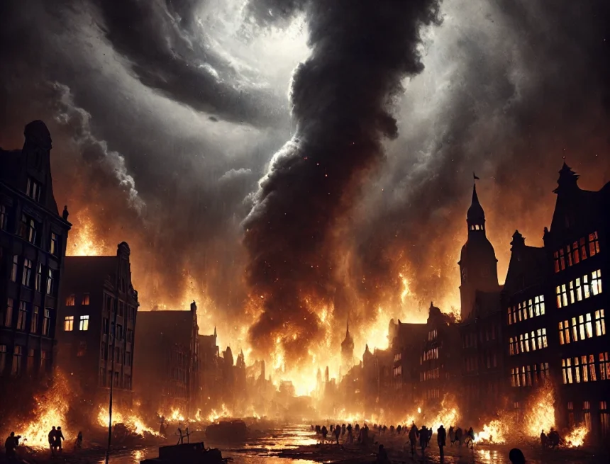 image_depicting_the_dramatic_and_somber_scene_of_the_Hamburg_firestorm_during_World_War_II Night of Desperation: The Hamburg Firestorm of 1943" - A harrowing glimpse into one of World War II's most devastating events, capturing the chaos and fear as civilians flee the inferno that ravaged their city.