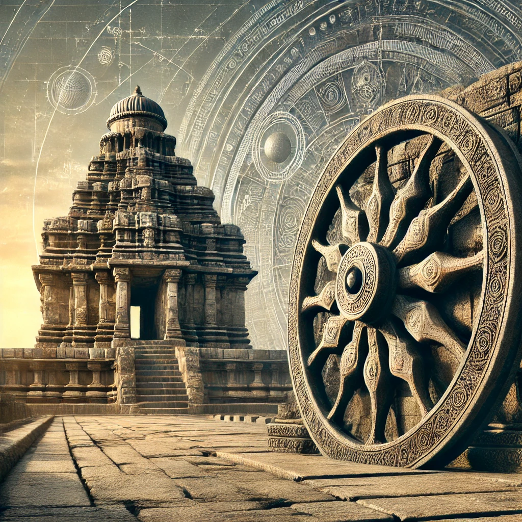 Sun Temple Konark, carved stone wheels, sundials, ancient science, Indian architecture, celestial alignment, traditional craftsmanship, art and science fusion