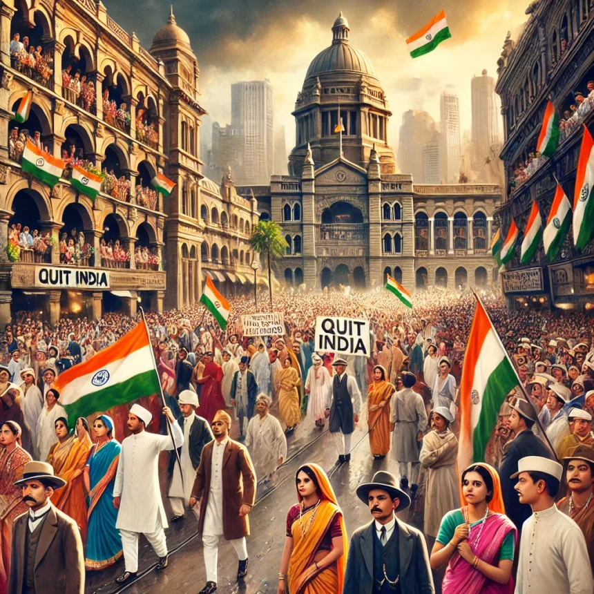 Quit India Movement, 1940s India, Indian protest, colonial architecture, Indian citizens, freedom struggle, historical protest, Indian independence, unity and determination, diverse crowd, India’s Freedom Struggle Efforts