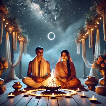 Garbhadhan Samskara, Hindu ritual, traditional Indian clothing, sacred fire, starlit sky, spiritual ceremony, Indian culture, Rituals