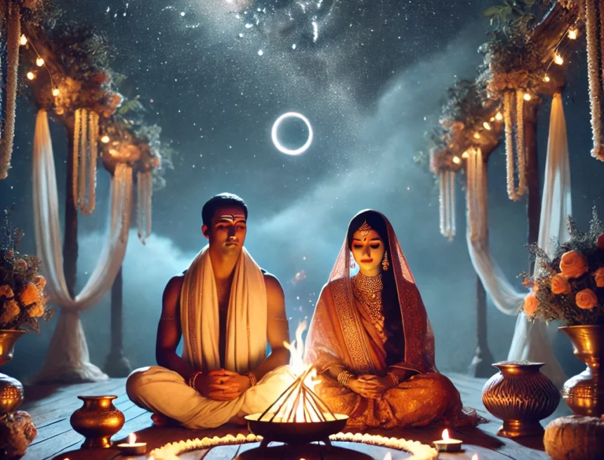 Garbhadhan Samskara, Hindu ritual, traditional Indian clothing, sacred fire, starlit sky, spiritual ceremony, Indian culture, Rituals
