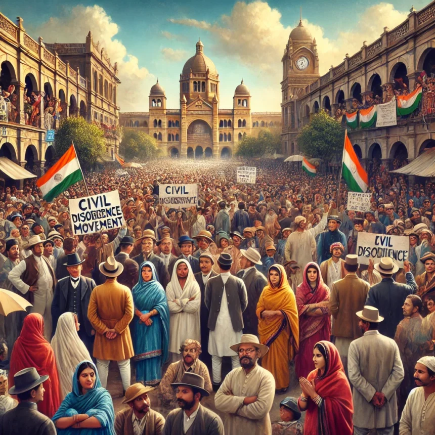 Civil Disobedience Movement, Indian freedom struggle, 1930s India, peaceful protest, colonial architecture, Indian crowd, British rule, historical protest, Indian independence movement, cultural juxtaposition, India’s Freedom Struggle and Quit India Movement-II