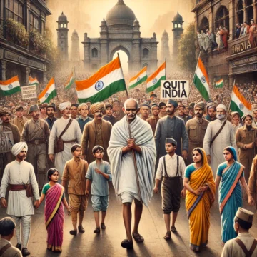 Quit India Movement, Mahatma Gandhi, Indian freedom struggle, colonial India, historical protest, 20th-century attire, peaceful march, Indian protesters, British colonial symbols, historical artwork, India's freedom struggle