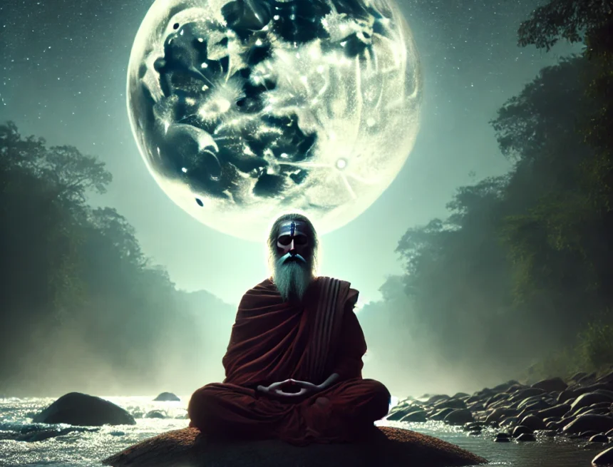 Image_for_your_blog,_depicting_a_meditating_sadhu_under_the_gentle_light_of_a_full_moon sadhu, meditation, full moon, spiritual, tranquility, nature, serene, mystical, enlightenment, forest, Dattatreya and His Guru Moon