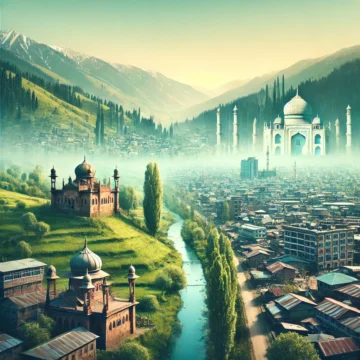 Jammu and Kashmir, transformation, traditional architecture, modern cityscape, cultural heritage, Article 370, serene landscape, integration, progress, hopeful