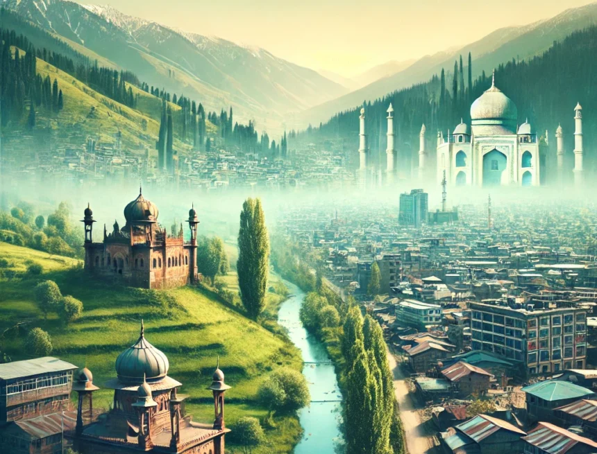 Image_representing_the_political_and_cultural_transformation_of_Jammu_and_Kashmir Jammu and Kashmir, transformation, traditional architecture, modern cityscape, cultural heritage, Article 370, serene landscape, integration, progress, hopeful
