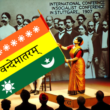 Madam Bhikhaiji Cama, Indian flag, 1907, International Socialist Conference, Stuttgart, historical reenactment, Indian independence movement, Vande Mataram, traditional Indian clothing