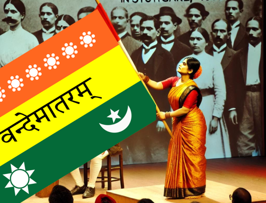Madam_Cama_Hoisting_Flag_1907 Madam Bhikhaiji Cama, Indian flag, 1907, International Socialist Conference, Stuttgart, historical reenactment, Indian independence movement, Vande Mataram, traditional Indian clothing