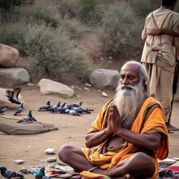 sadhu, meditation, pigeons, net, spirituality, peace, nature, detachment, Hinduism, tranquility, Dattatreya and His Guru: Pigeon