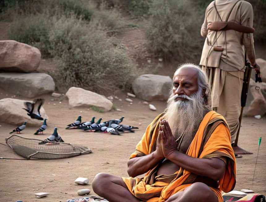 Saint and Pigeons sadhu, meditation, pigeons, net, spirituality, peace, nature, detachment, Hinduism, tranquility, Dattatreya and His Guru: Pigeon