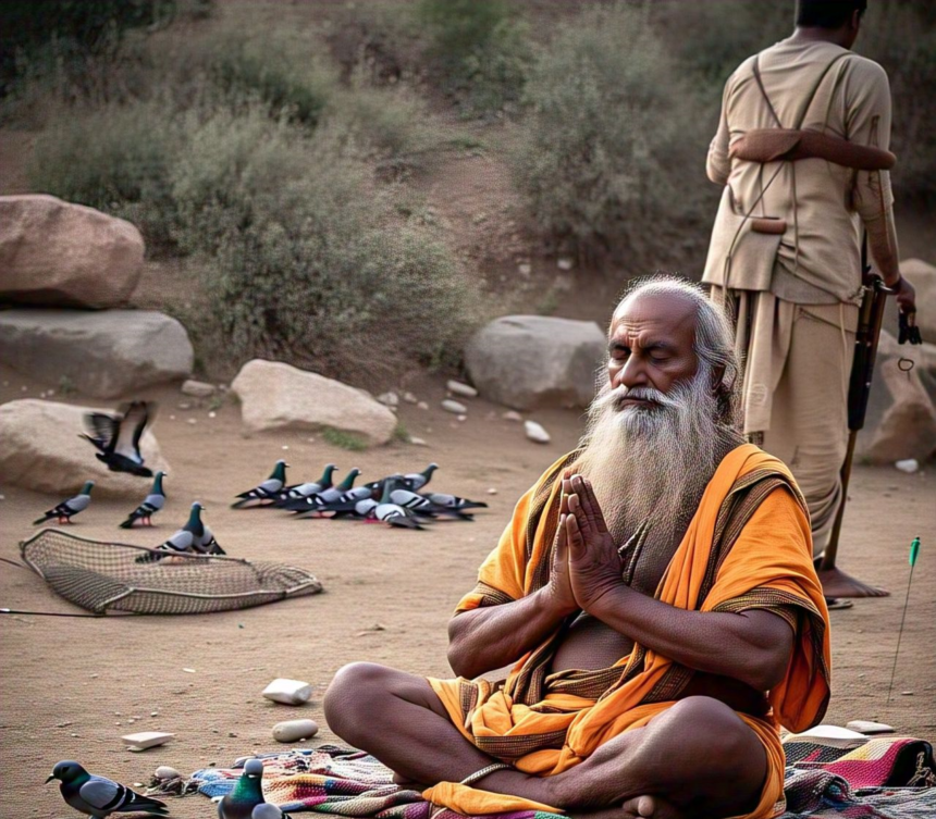 sadhu, meditation, pigeons, net, spirituality, peace, nature, detachment, Hinduism, tranquility, Dattatreya and His Guru: Pigeon