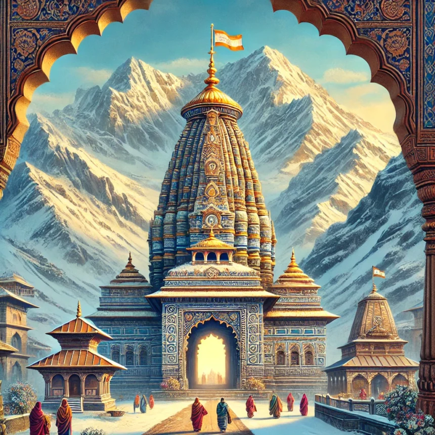 Badrinath Temple, Himalayan ranges, Nagara style architecture, pilgrims, spiritual site, Indian temple, serene atmosphere, sacred architecture, traditional attire, Hindu pilgrimage
