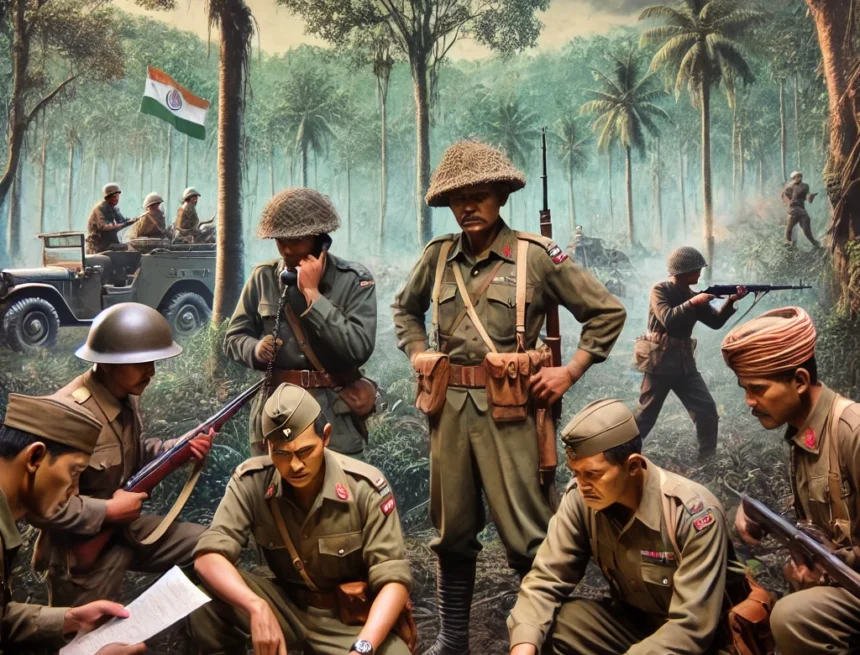 digital_image_created_for_your_blog_World_War_2_in_India World War II, Indian soldiers, battle scene, Japanese forces, northeastern India, military strategy, historical warfare, combat positions, tropical forest