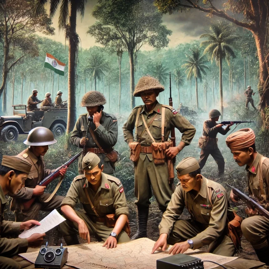 World War II, Indian soldiers, battle scene, Japanese forces, northeastern India, military strategy, historical warfare, combat positions, tropical forest